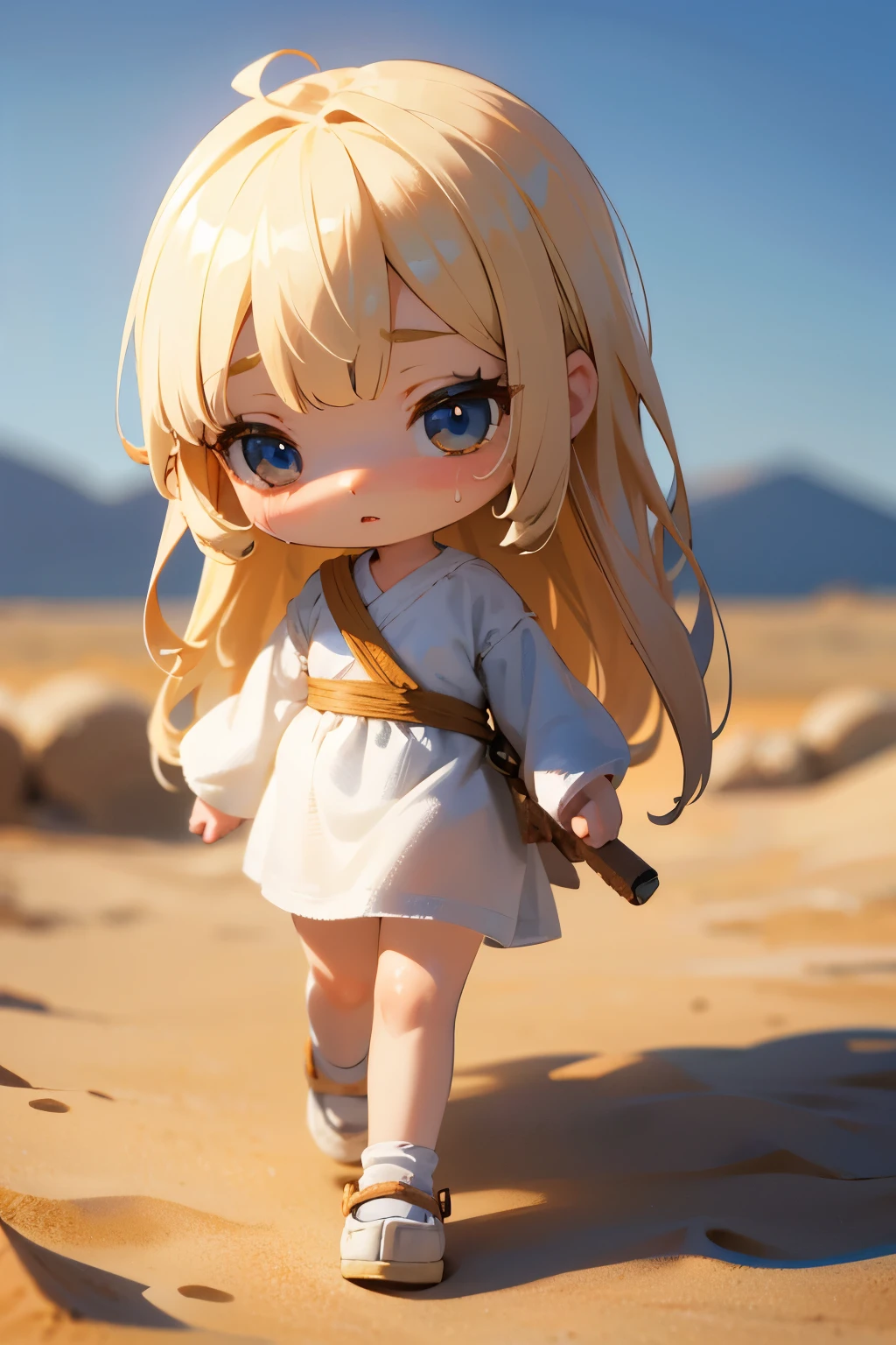 Chibi Girl、Walking through the desert under the scorching sun、Sweat、heat haze、Cute Shoes、whole body、A landscape of nothing but sand、Very detailed、Ultra-realistic、Photorealistic、8K、Hyperrealistic、masterpiece、Beautiful detailed eyes、Beautiful detailed lips、Very detailedな顔、Long eyelashes、Beautiful young girl、Beautiful lighting、Cinematic、Intricate details、Soft Focus、Depth of written boundary