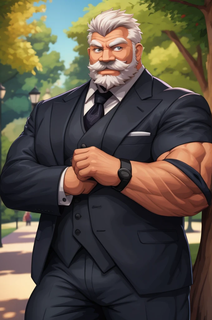 a muscular old man in park, happy, suits, vector, mwvector, bokeh, smile, (masterpiece:1.2),(best quality,8k),huge and muscular,thick arms,short hair,white hair