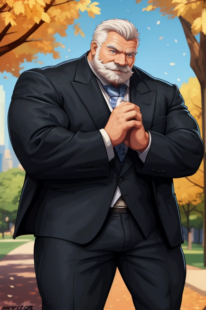 a muscular old man in park, happy, suits, vector, mwvector, bokeh, smile, (masterpiece:1.2),(best quality,8k),huge and muscular,thick arms,short hair,white hair