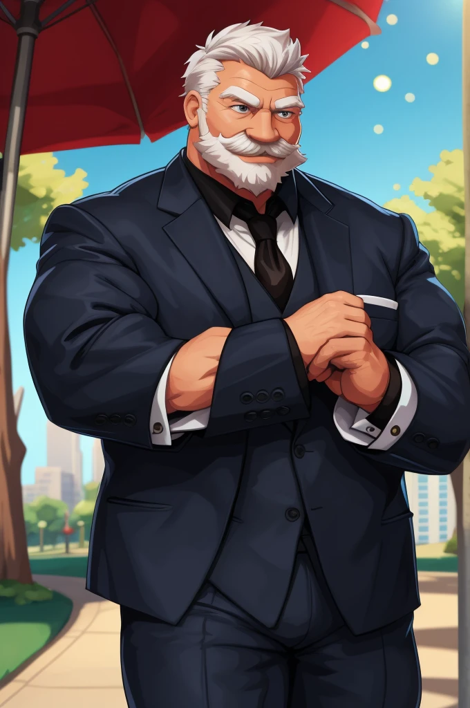 a muscular old man in park, happy, suits, vector, mwvector, bokeh, smile, (masterpiece:1.2),(best quality,8k),huge and muscular,thick arms,short hair,white hair