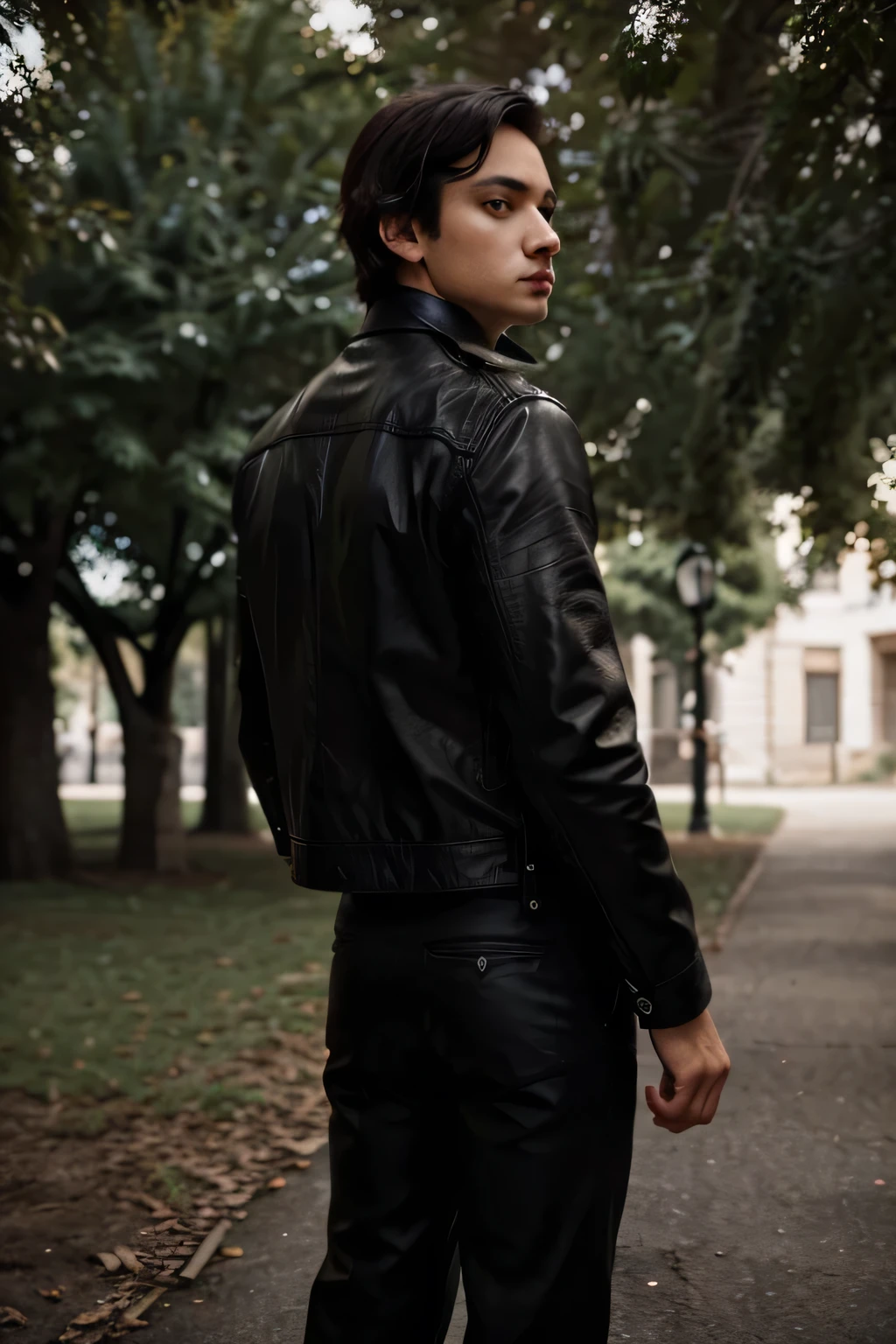 Create a picture for profile pic for me on Instagram A boy is standing under a big huge shady tree in middle of night wearing a leather jacket Black and black trousers not showing his face , Ultra detailed pro,