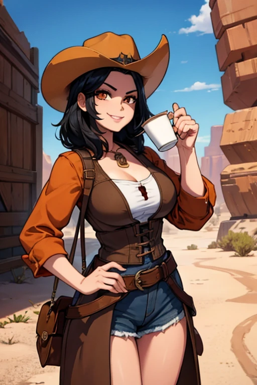 perfect face, perfect hands. A black haired female cowgirl with orange eyes in a conservative cowgirl outfit is drinking coffee in the desert with a big smile