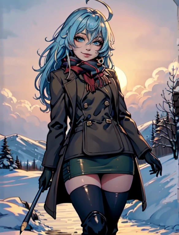 Masterpiece, raw, beautiful art, professional artist, 8k, art style by sciamano240, very detailed face, very detailed hair, 1 woman, perfectly drawn body, beautiful face, long hair, light blue hair , very detailed blue eyes , rosey cheeks, intricate details in eyes, playful smile, looking directly at viewer , in love with viewer expression, lipstick, wearing cute winter clothes, winter coat, gloves, sweater, scarf, short pencil skirt, thigh boots, sunny winter day, walking, pov with viewer, very close up on face,