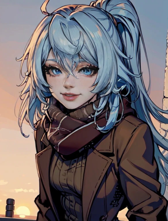 Masterpiece, raw,  beautiful art, professional artist, 8k, art style by sciamano240, very detailed face, very detailed hair, 1 woman, perfectly drawn body, beautiful face, long hair, light blue hair , very detailed blue eyes , rosey cheeks, intricate details in eyes, playful smile, looking directly at viewer , in love with viewer expression, lipstick, wearing cute winter clothes, winter coat, gloves, sweater, scarf,  short pencil skirt, thigh boots, sunny winter day, walking, pov with viewer, very close up on face, 