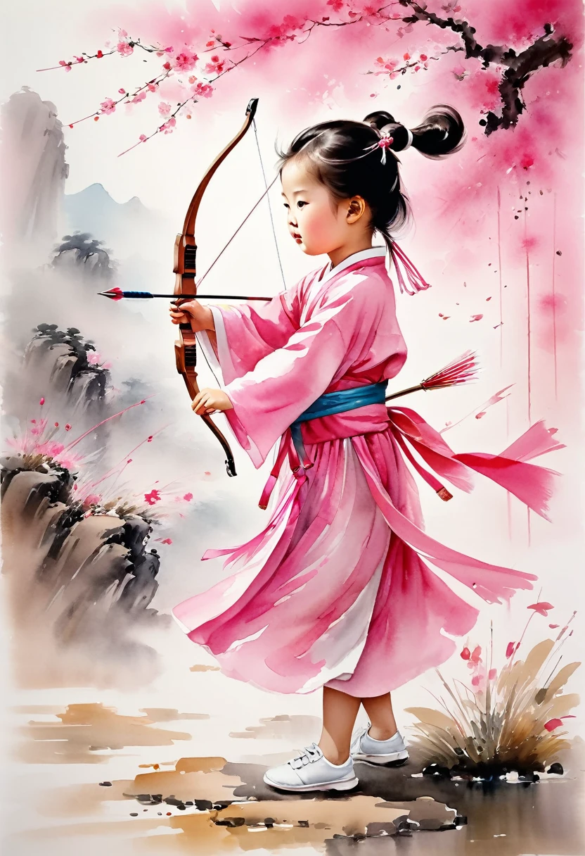 Tradition Chinese Ink Painting style of A three-year-old cute girl child in a pink ancient Chinese dress was shooting arrows sideways, pulling a bow full of arrows ready to shoot, wearing pure white shoes, big moves, surrounded by pink ribbons.,watercolor ink painting,dry brush thick strokes,a beautiful painting by Zhang Daqian,full body,extreme long shot