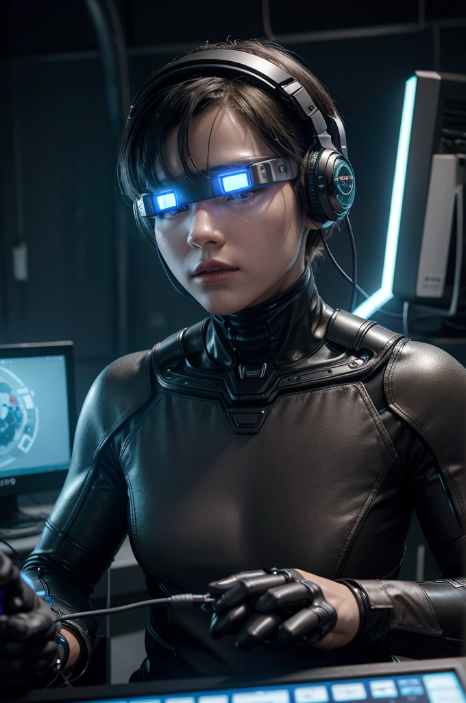 NSWF, ((Best quality)), ((masterpiece)), ((highly detailed:1.4)), 3D, nuclear/electric male cyber-android/robot with short hair made ir from wires and rusted steel,(wearing head-mounted display that is chunky and hi-tech:1.2),hacking a computer terminal,computer servers, LCD screens, fibre optic cables, corporate logos,HDR (High Dynamic Range),Ray Tracing, Sorayama,NVIDIA RTX,Super-Resolution.
