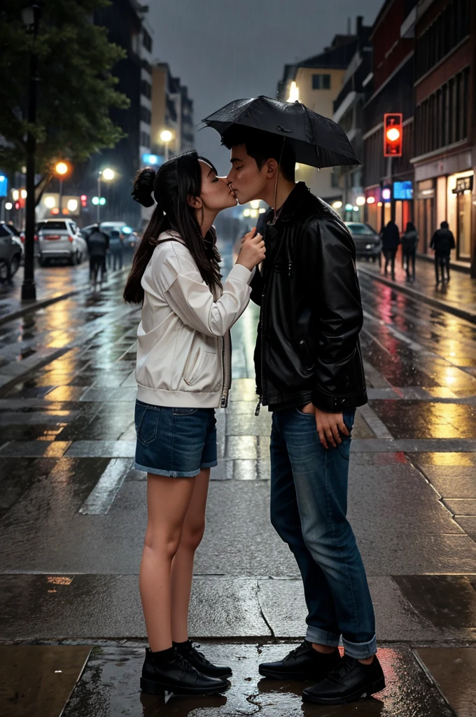 18-year-old Mexican girl, thin complexion with a somewhat large bust, a medium and firm butt, wearing wet casual clothes in a plaza in Mexico with the rain, having a kiss with a white-skinned boy, with a little belly of  1.72m de alto  con el pelo negro corto con una sudadera mojada con perspectiva de una selfie