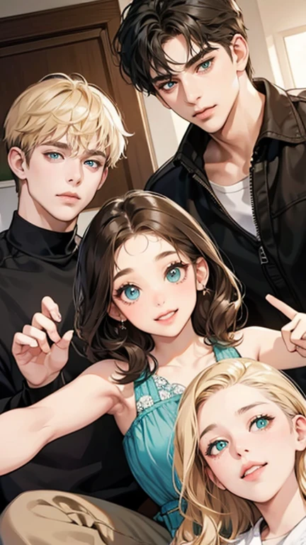A chubby woman. She has short wavy blonde hair, green eyes. She is taking a selfie with her friends, a girl and two boys. One of the boys has black hair and eyes, the other has brown hair and blue eyes. The girl friend has black hair and brown eyes. 4friends