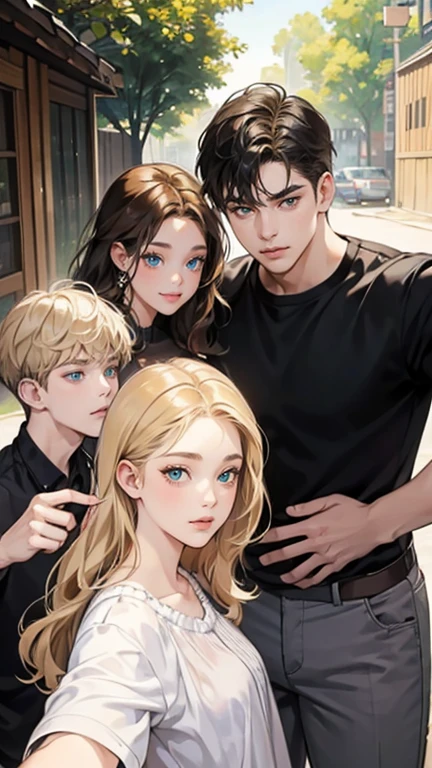 A chubby woman. She has short wavy blonde hair, green eyes. She is taking a selfie with her friends, a girl and two boys. One of the boys has black hair and eyes, the other has brown hair and blue eyes. The girl friend has black hair and brown eyes. 4friends