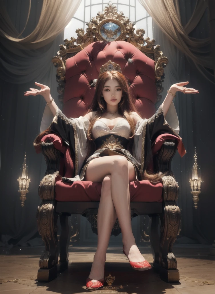 there is a woman sitting on a red chair with her hands out, sitting on her throne, sitting on a throne, on her throne, lying a throne in a fantasy land, sitting on intricate throne, sitting on throne, 3 d render character art 8 k, sitting on an ornate throne, sitting on the throne, sitting on the porcelain throne, sit on throne