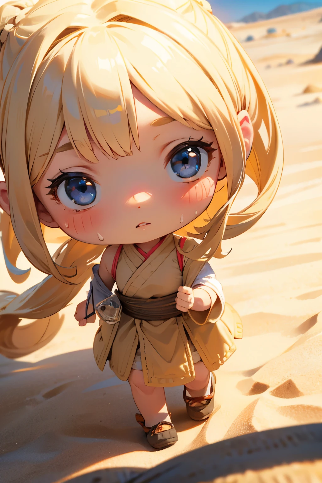 Chibi Girl、Walking through the desert under the scorching sun、Sweat、heat haze、Cute Shoes、whole body、A landscape of nothing but sand、Very detailed、Ultra-realistic、Photorealistic、8K、Hyperrealistic、masterpiece、Beautiful detailed eyes、Beautiful detailed lips、Very detailedな顔、Long eyelashes、Beautiful young girl、Beautiful lighting、Cinematic、Intricate details、Soft Focus、Depth of written boundary