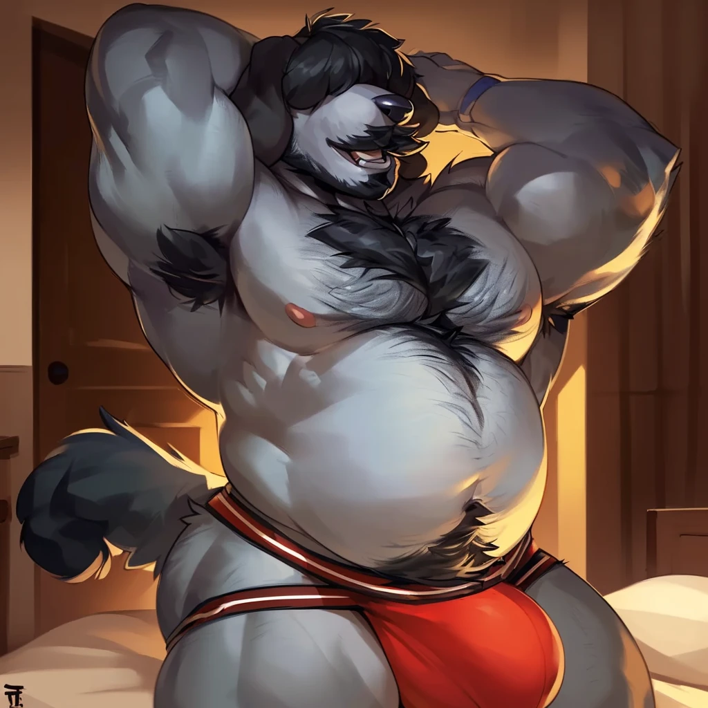 Solo, Anthro, male (((poodle, muscular, broad shoulders, broad shoulders, big muscles, muscle gut, blue eyes, grey body, grey fur, black hair, floppy ears, chest hair, happy trail, mustache, muscular arms, hair over eyes, hairy body, scruffy upper snout, facial hair, facial tuft, white jockstap, big bulge))) standing, bedroom, arms raised, closed mouth ((focus eyes, focus hairy body, focus chest hair, focus tail)) jockstrap only, mature male, perfect anatomy, by darkgem, by mystikfox61, by glitter trap boy