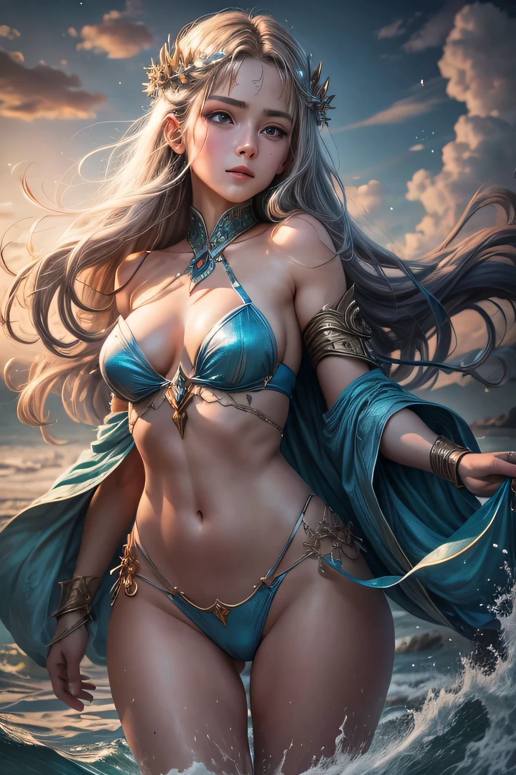 Photography (85mm): Capture the essence of a fantasy novel cover in a photograph, featuring a girl with magical prowess by the sea. Employ an 85mm lens to focus on the protagonist against a backdrop of a mystical seascape. The color temperature leans towards cool tones, enhancing the magical ambiance. The girl's expression exudes a sense of power and wonder, as the sea sparkles with ethereal lights, setting the stage for an epic tale.