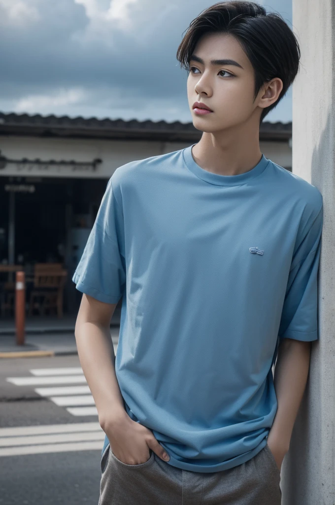 young man in a blue shirt Standing on the roadside with a serious expression, looking into the distance,Eyebrows frowned.,He looked worried.,Turn your head slightly.,Cloudy day, coffee shop