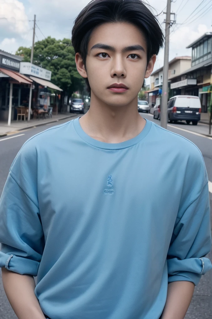 young man in a blue shirt Standing on the roadside with a serious expression, looking into the distance,Eyebrows frowned.,He looked worried.,Turn your head slightly.,Cloudy day, coffee shop