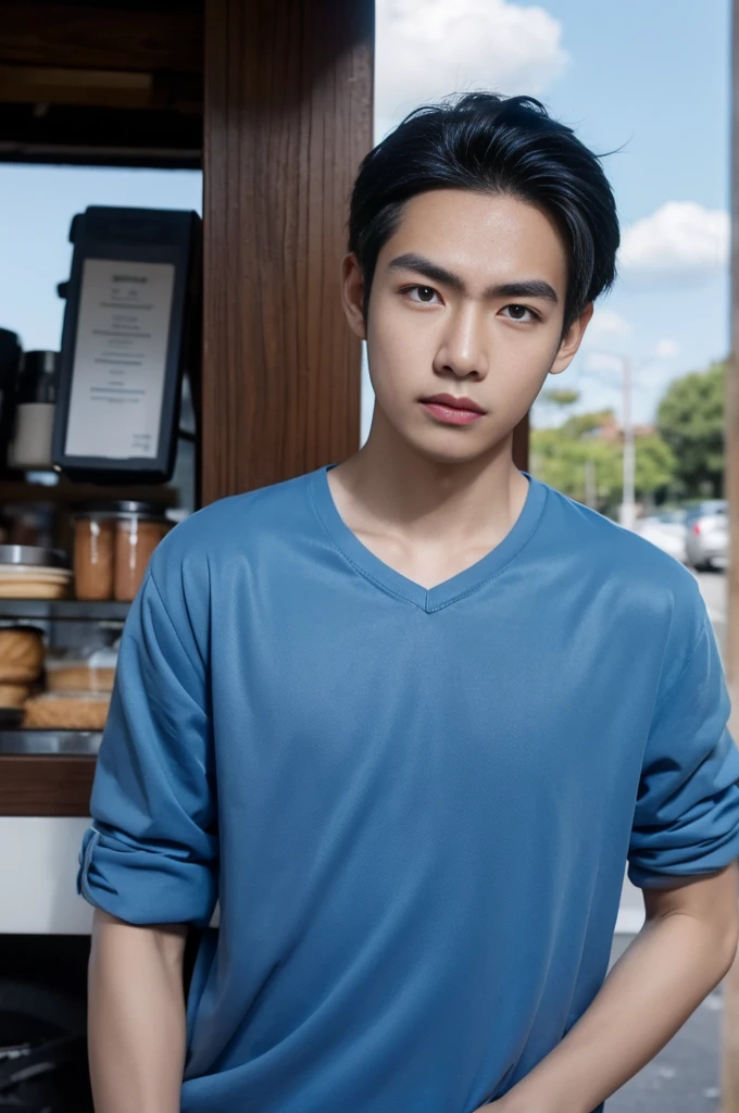 young man in a blue shirt Standing on the roadside with a serious expression, looking into the distance，Eyebrows frowned.，He looked worried.，Turn your head slightly.，Cloudy day, coffee shop
