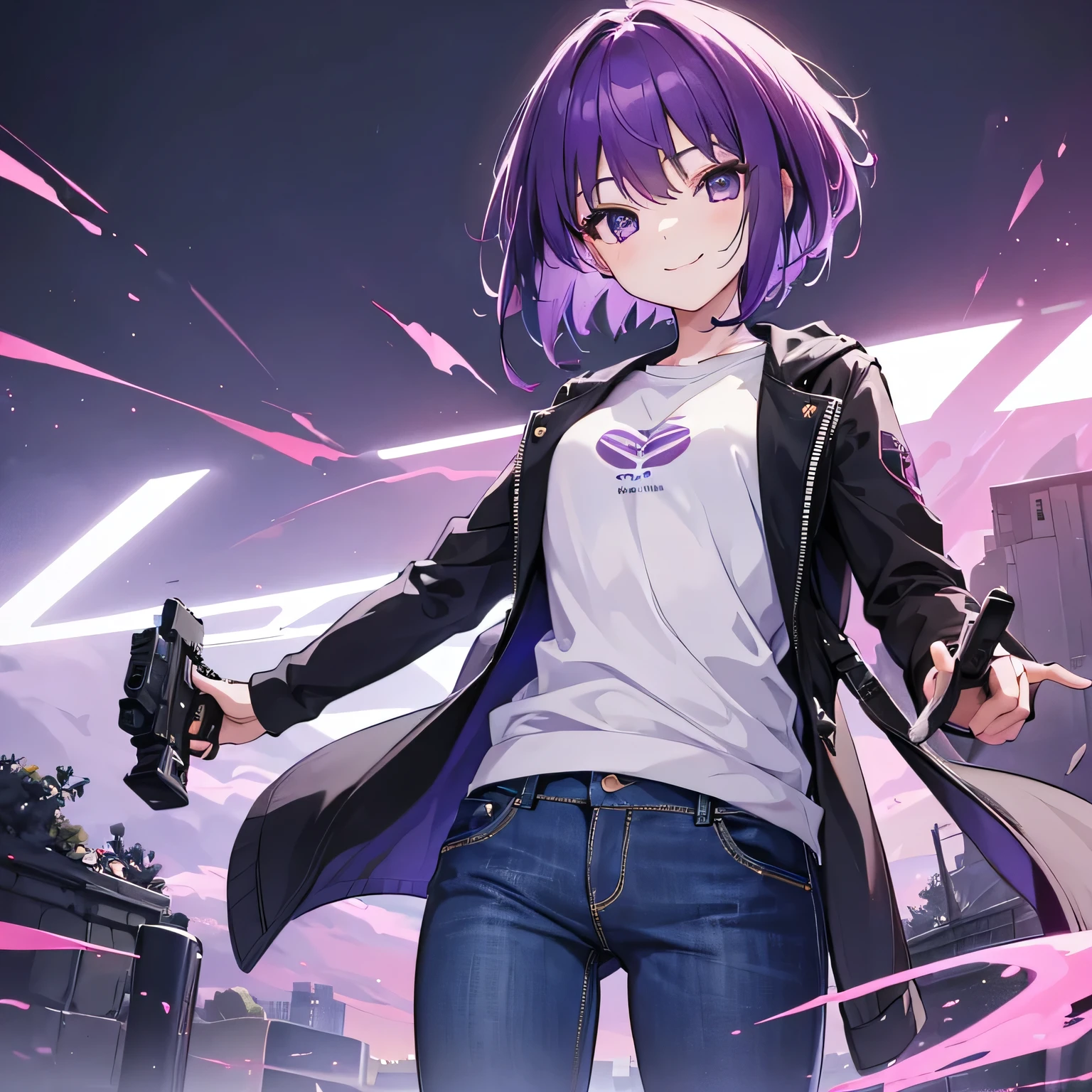 (T Masterpiece,4k wallpaper,Best Quality))、((girl1people))、(solo)、Bright and Brilliant,(Purple Hair)、(short hair:1.3)、smile、jeans、handgun、ruins、darkness