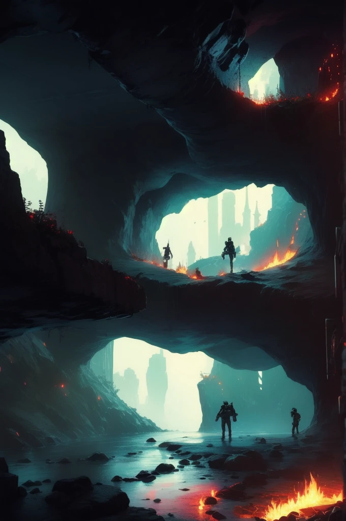 Interior view of the cave, Horizontal scene, Game sideboard scene, Retro cyber punk style, Steam Age, Parallel Viewpoint, cyber punk, Lava cave scenery, attention arousal, Retro