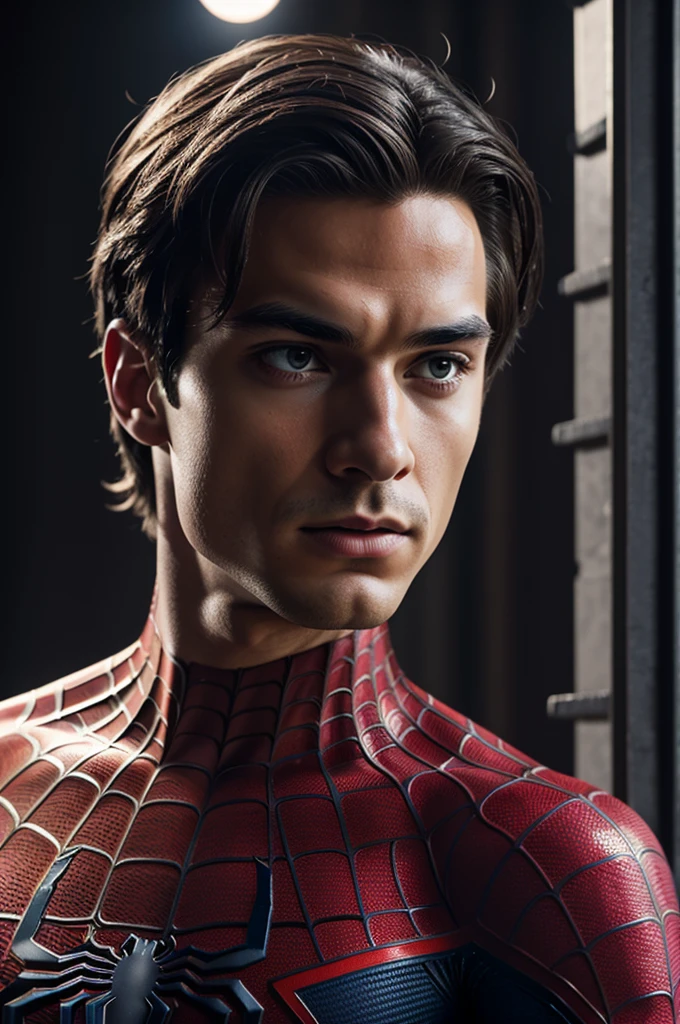 A photograph of Spider-Man., sin mascara, the 20s, elegant, detailed face, looking to the camera, portrait, 8k hd, high quality