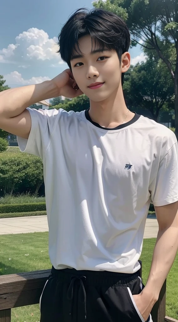 (As a matter of fact, Masterpiece, 8k HD, good light quality, sportswear, fit the face, complicated details), Handsome Korean young man, 20 years old, be happy, smile brightly, detailed face, delicate eyes, มองดูsky, Wear casual clothes, period, black eyes, Black hair color, ผมsmooth, smooth, outdoor sports, Along the garden, Sunny,sky，Surreal，Awesome details，Highest quality，real，