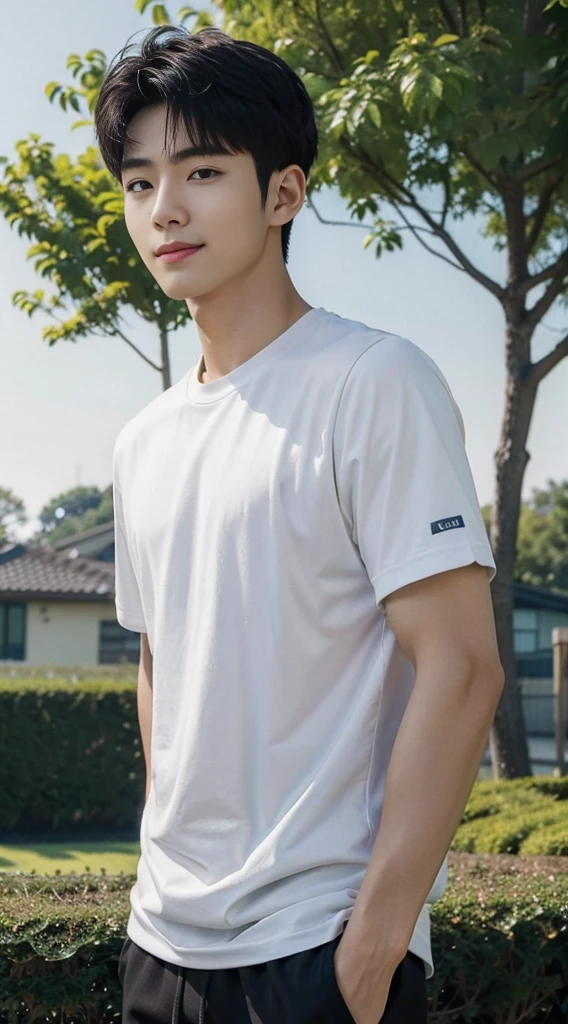 (As a matter of fact, Masterpiece, 8k HD, good light quality, sportswear, fit the face, complicated details), Handsome Korean young man, 20 years old, be happy, smile brightly, detailed face, delicate eyes, มองดูsky, Wear casual clothes, period, black eyes, Black hair color, ผมsmooth, smooth, outdoor sports, Along the garden, Sunny,sky，Surreal，Awesome details，Highest quality，real，