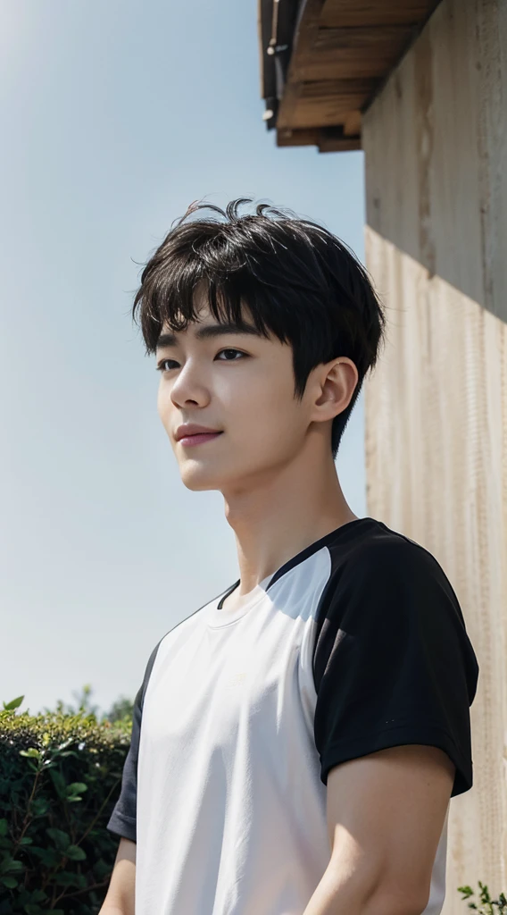 (As a matter of fact, Masterpiece, 8k HD, good light quality, sportswear, fit the face, complicated details), Handsome Korean young man, 20 years old, be happy, smile brightly, detailed face, delicate eyes, มองดูsky, Wear casual clothes, period, black eyes, Black hair color, ผมsmooth, smooth, outdoor sports, Along the garden, Sunny,sky,Surreal,Awesome details,Highest quality,real,