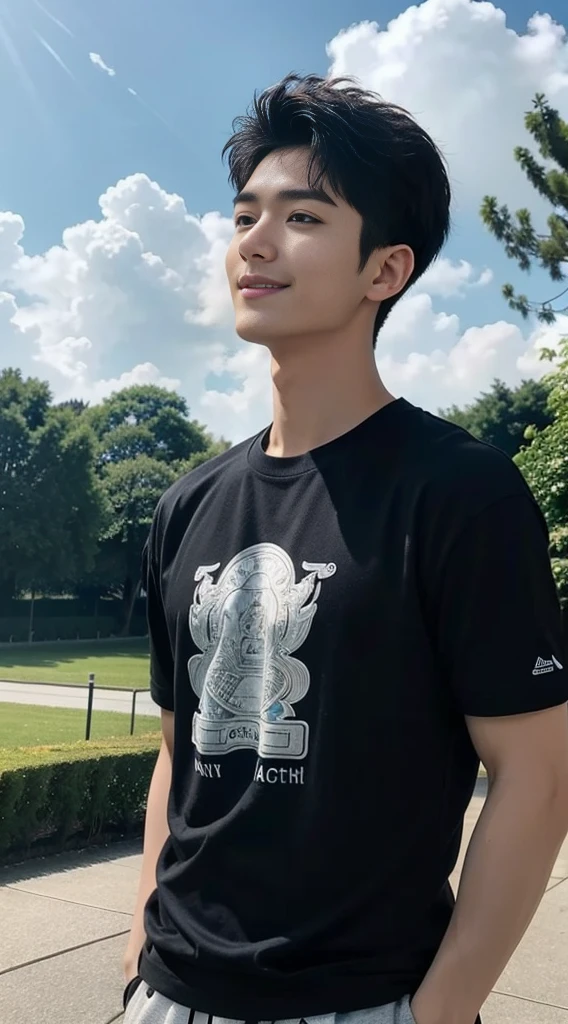 (As a matter of fact, Masterpiece, 8k HD, good light quality, sportswear, fit the face, complicated details), Handsome Korean young man, 20 years old, be happy, smile brightly, detailed face, delicate eyes, มองดูsky, Wear casual clothes, period, black eyes, Black hair color, ผมsmooth, smooth, outdoor sports, Along the garden, Sunny,sky,Surreal,Awesome details,Highest quality,real,