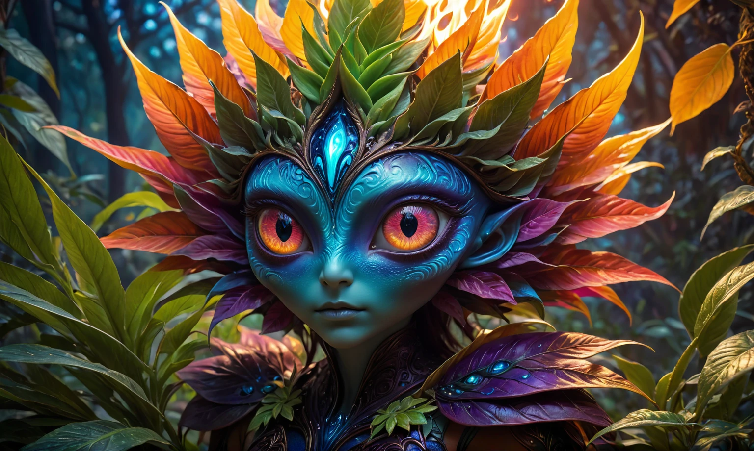 (best quality,4k,highres,masterpiece:1.2),ultra-detailed,realistic,portrait,alien,fire magic plant,unbelievable eyes,fantasy creature,glowing colors,luminous plant,extraterrestrial,flame-like leaves,surreal landscape,eerie atmosphere,otherworldly beauty,ethereal glow,unique species,magical powers,mysterious entity,dreamlike scene,fantastic species,enchanted forest,unearthly presence,mesmerizing gaze,unconventional appearance,radiant energy,powerful aura,magical essence,cosmic being,other-dimensional,mythical plant,unexplained phenomenon,colorful blooms,unleashing power,darkness and light,hidden secrets,unveiling mysteries,secrets of the universe,living masterpiece,manifestation of magic,Cinematic,soft colors, Technicolor,natural skin textures, hyper realism, hyper detailed,Extremely detailed,High contrast,Masterpiece,Realistic,Ultra Detailed, intricate details,realistic humid leather,extremely intricate,Epic Realistic, cinematic style,irina yermolova,high contrast,HDR,extremely detailed, masterpiece,intricate details,faded,eyes extremely detailed, high detailed eyes,8k resolution,RAW,retina, Nikon Z9