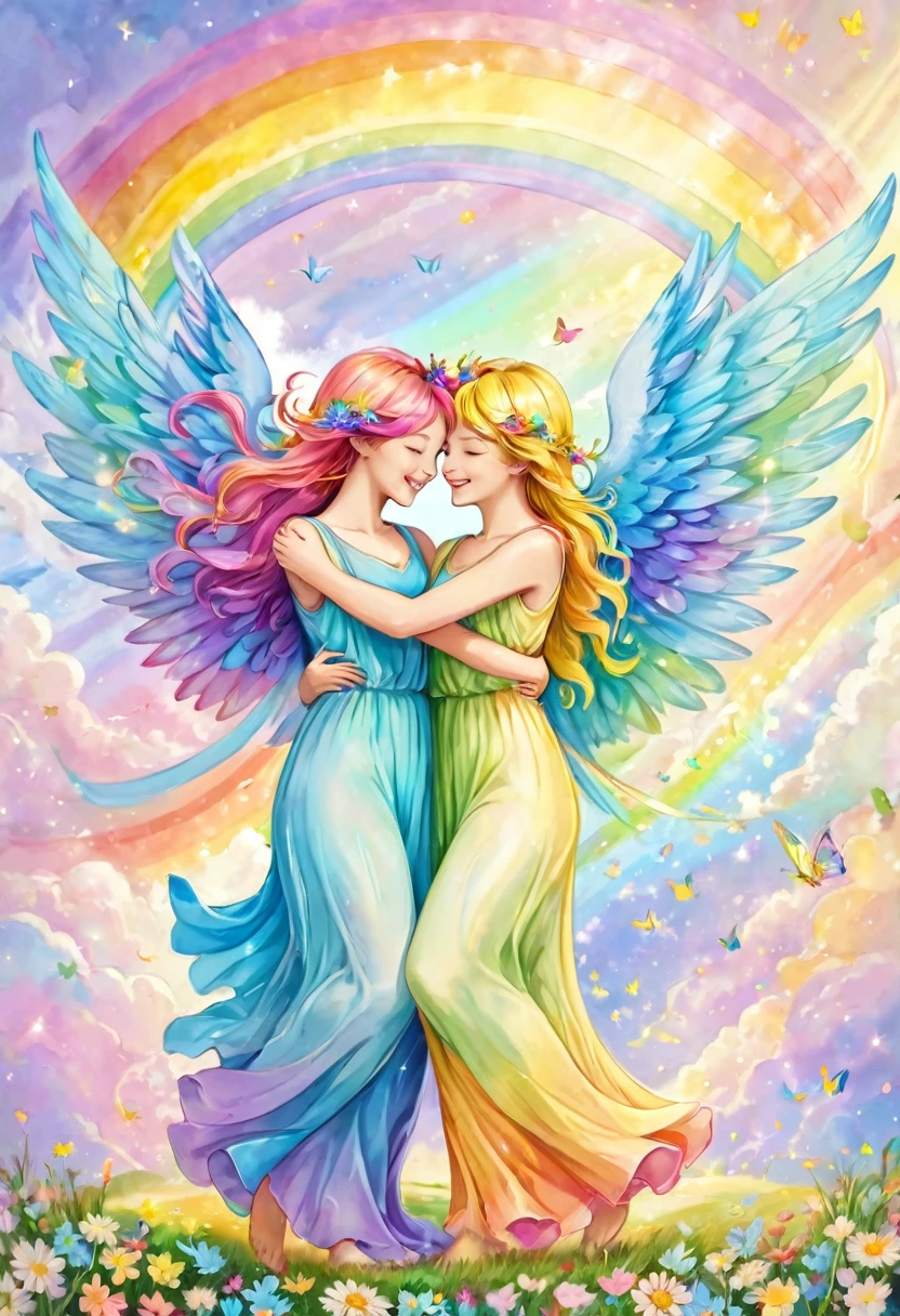 Angels with rainbow colored wings in pastel colors hugging the earth and rejoicing, happiness, smiles, love, Perfect lighting, surrounded by light