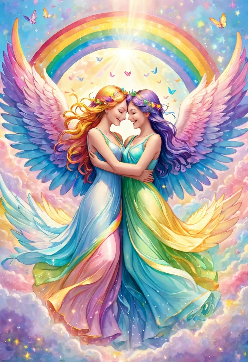 Angels with rainbow colored wings in pastel colors hugging the earth and rejoicing, happiness, smiles, love, Perfect lighting, surrounded by light