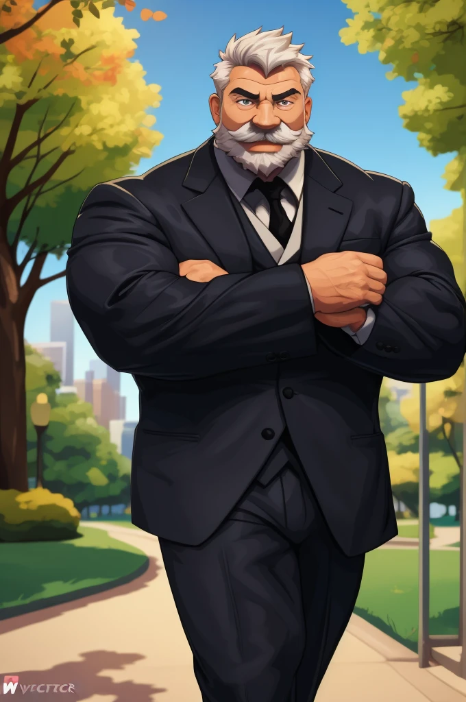 a muscular old man in park, happy, suits, vector, mwvector, bokeh, smile, (masterpiece:1.2),(best quality,8k),huge and muscular,thick arms,short hair,white hair