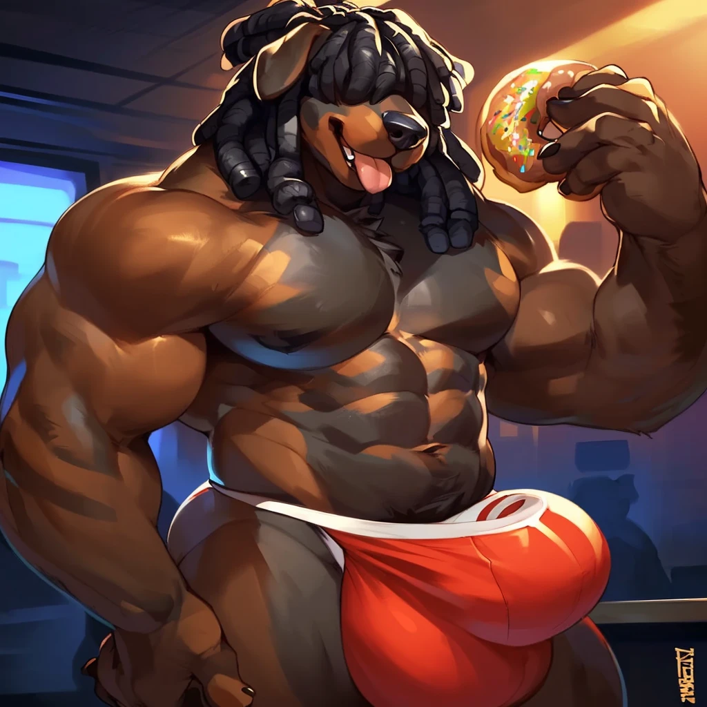 Solo, Anthro, male (((Rottweiler, muscular, abs, brown fur, black body, black hair, brown snout, brown tipped hair, dreadlocks over eyes, dreadlocks, hair over eyes, white thong, huge bulge))) standing, panting, tongue out, holding donut, chocolate donut, detailed donut, detailed fingers ((focus chocolate donut, focus donut, focus holding donut, focus brown snout)) full body, perfect anatomy, by darkgem, by mystikfox61, by glitter trap boy