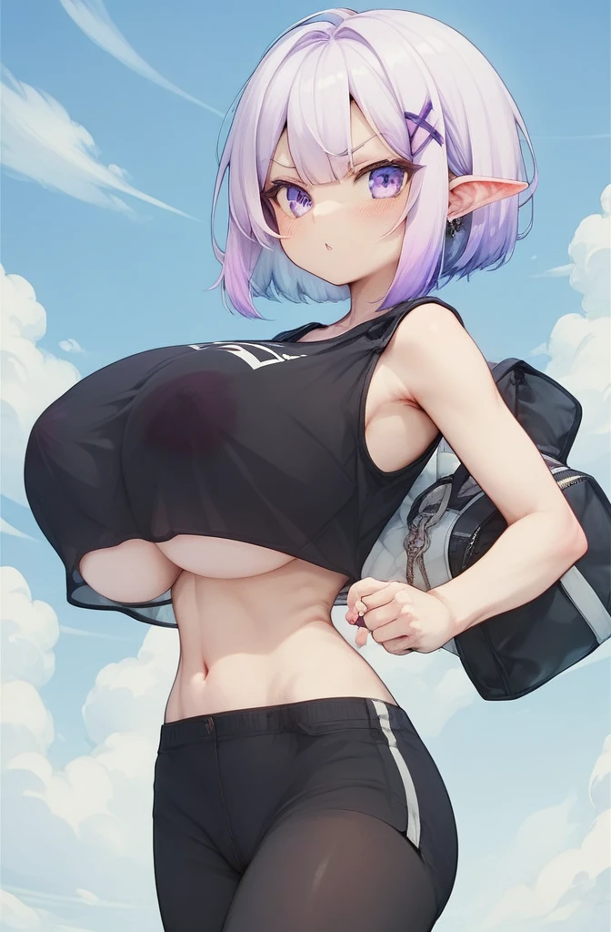 long purple colored hair, see through bra, see through panties, biggest boobs ever