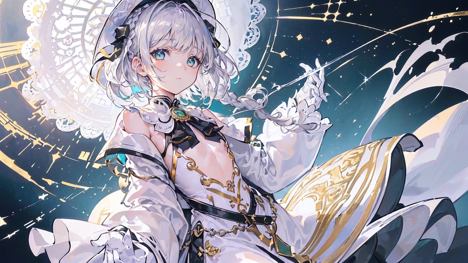 (Super detailed)),((illustration))，((masterpiece)),(((need))),((fine、Highest quality CG Unity 8K wallpapers，masterpiece），（（4K，masterpiece，best quality）），Girl with short silver hair，hair strand，expressive hair，Braids，Gold and silver heterochromatic eyes，flat chest，Silver sun hat，White gloves，Black beret，Green and black painter&#39;s costume，Golden short shawl，Monocle，Put some paint on your face，Black shoes，Standing in a simple green house，The walls are covered with my own paintings and mirrors，Looking in the mirror，Show yourself in the mirror，Dying，Overworked，individual，Full body picture