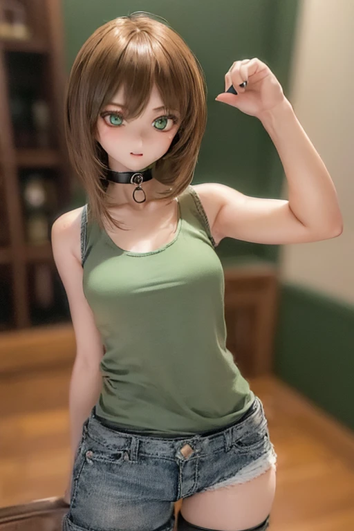 (SFW:2), photorealistic, realistic photo, ((highest quality)), ((masterpiece)), (extremely detailed), kukolnydom, doll, (mature woman, 22yo, 22 years old:1.6), solo, ((cowboy shot, dramatic pose)), skinny, slender, slim, (light smile, parted lips), green eyes, brown hair, (looking at another, gradient eyes, shining eyes, detailed eyes, detailed face, tank top, hot pants, choker:1.3), room, 8k