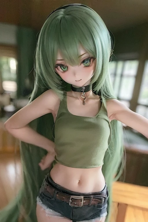 (SFW:2), photorealistic, realistic photo, ((highest quality)), ((masterpiece)), (extremely detailed), kukolnydom, doll, (mature woman, 22yo, 22 years old:1.6), solo, ((cowboy shot, dramatic pose)), skinny, slender, slim, (light smile, parted lips), green eyes, brown hair, (looking at another, gradient eyes, shining eyes, detailed eyes, detailed face, tank top, hot pants, choker:1.3), room, 8k