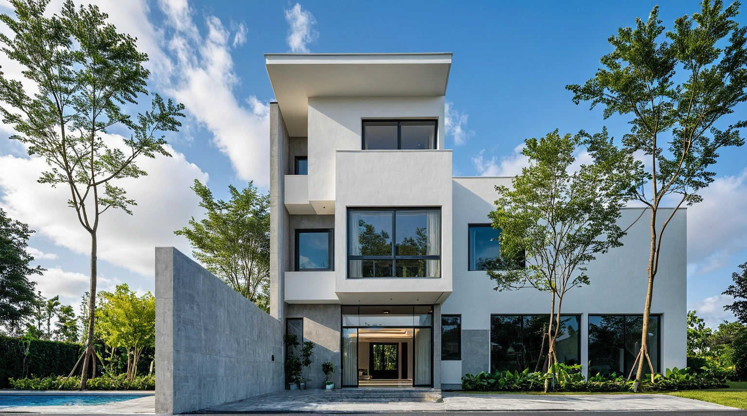 Masterpiece, high quality, best quality, authentic, super detail, outdoors, onestoreyvillaXL, aiaigroup, house style modern on the street ,stairs, white wall ,road,pavement, grass, trees, sky, cloud, (daylight:1.1),((pool front of villa))