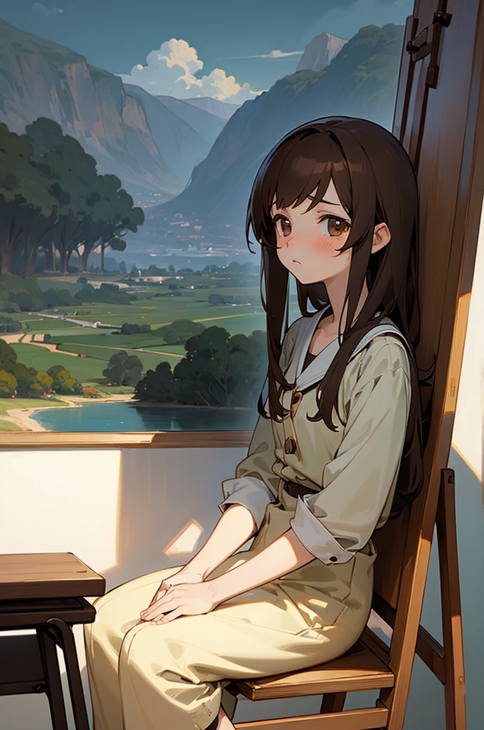 ((best quality)), ((masterpiece)), (detailed), 1 anime girl with sad and brown hair, sitting in front of an easel drawing a picture of a landscape
