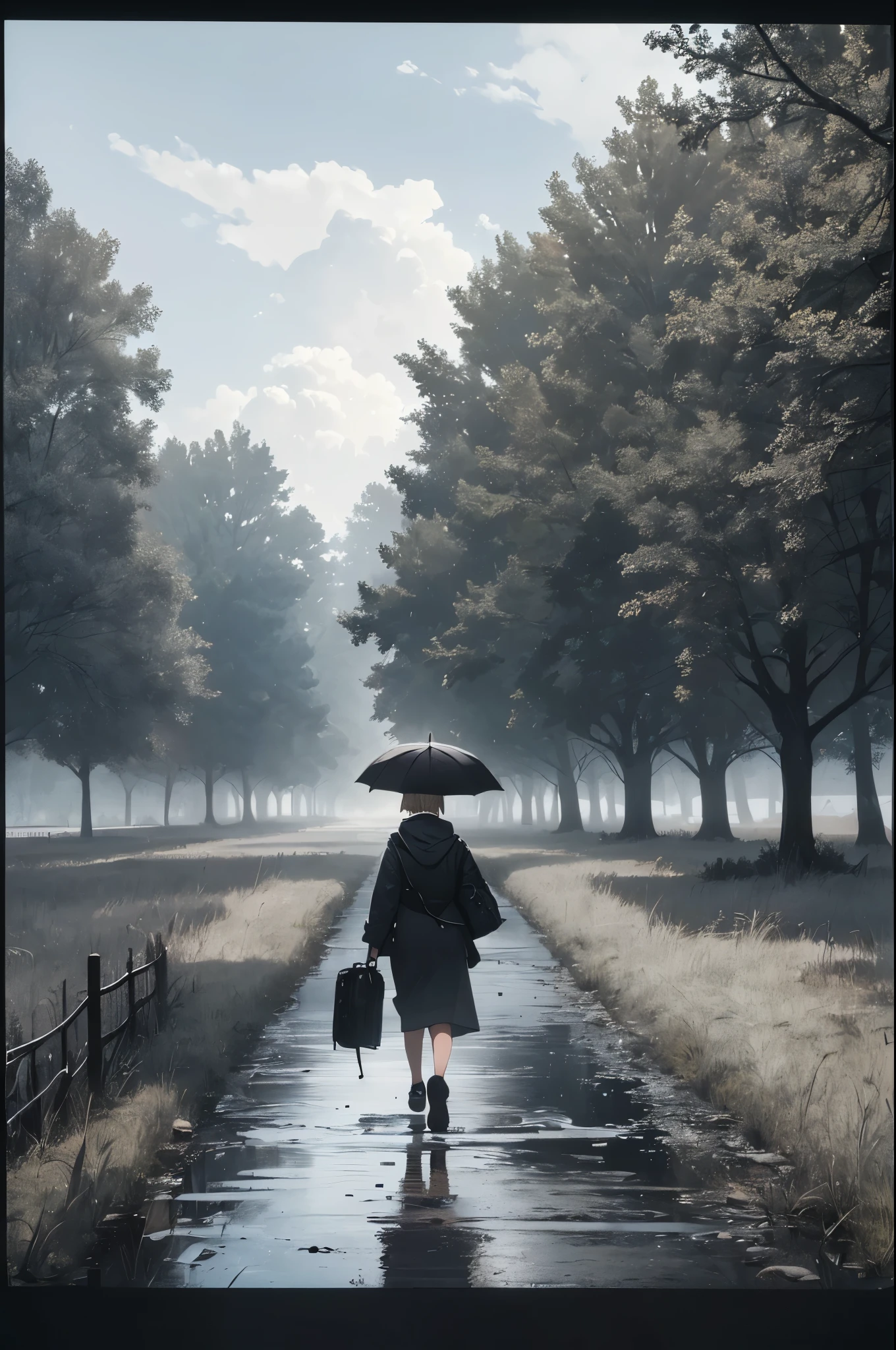 ((20-year-old woman,Blonde short bob hair,She is walking through an huge park in the Uneasy atmosphere world)),there is nobody in the park,((the sky in the clouds,inside the monochrome world,the atmosphere in the rain)),There are faceless monsters in the park,Uneasy atmosphere.