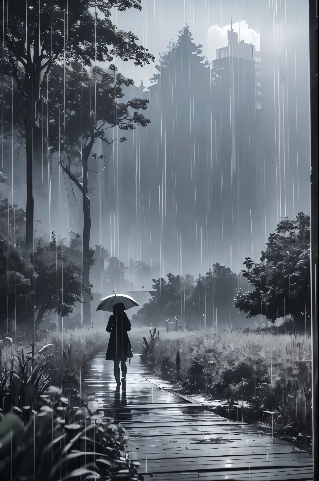 ((20-year-old woman,Blonde short bob hair,She is walking through an huge park in the Uneasy atmosphere world)),there is nobody in the park,((the sky in the clouds,inside the monochrome world,the atmosphere in the rain)),There are faceless monsters in the park,Uneasy atmosphere.