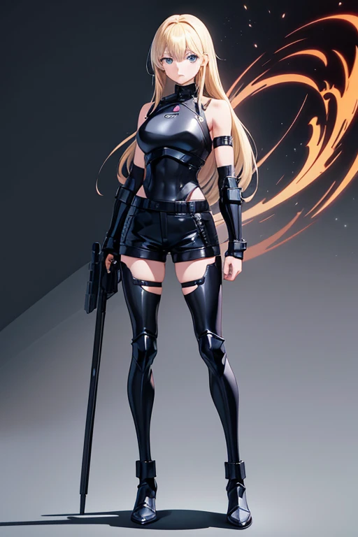Anime Art、Full body portrait、Future SF Bodyguard、A woman, about 38 years old, about 175cm tall, standing with her legs apart, wearing black body armor and black leather shorts、Calm expression、Hairstyle is medium、Blonde、Blue Eyes、Black tights、Wearing shoulder armor、Both arms are prosthetic、Both legs are prosthetic、headset