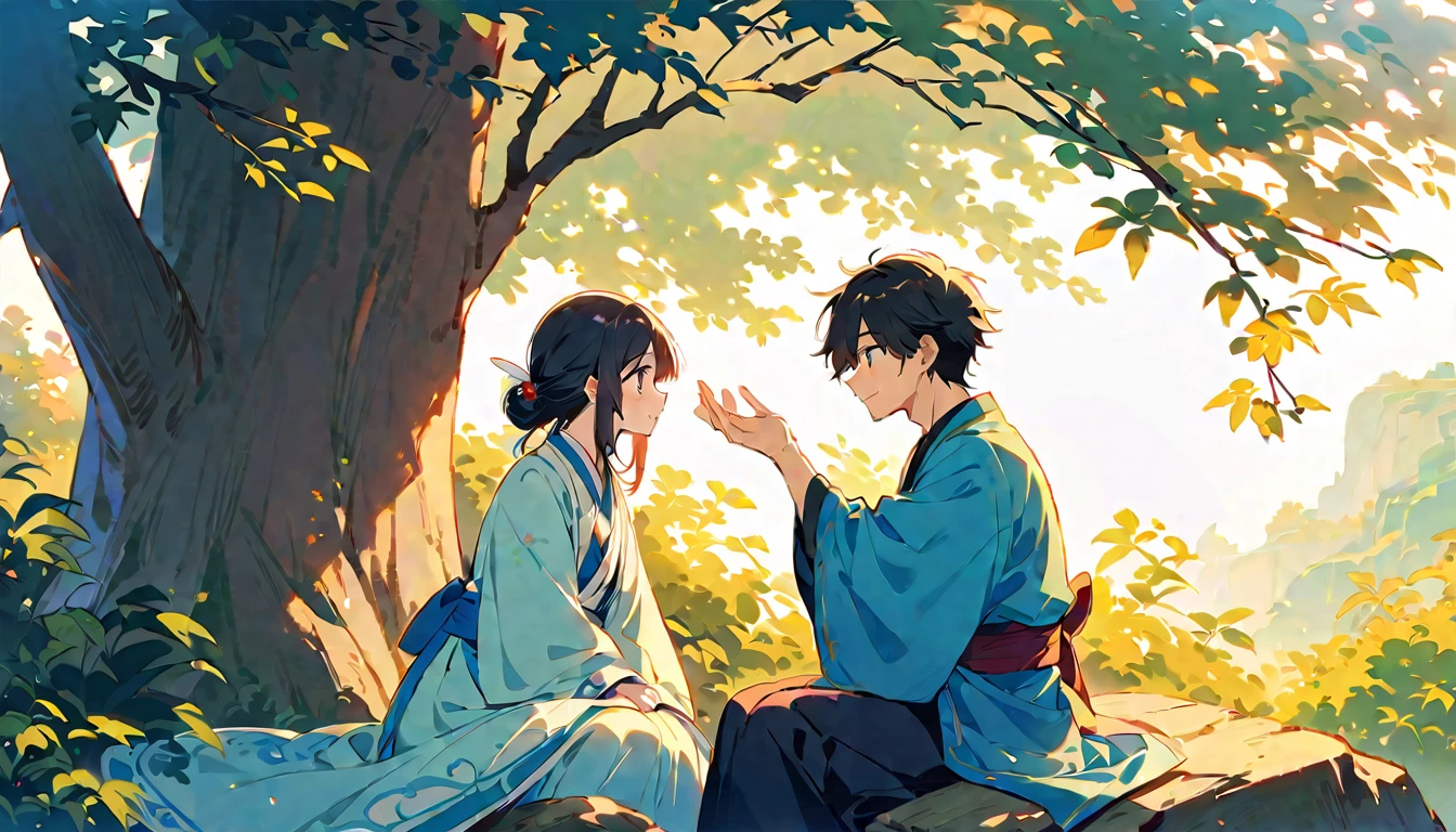A scene from a TV series "Chinese fairy tales", It depicts two young men sitting on a rock under a tree., The white moonlight filtering through the leaves illuminates my face.、Looking at each other. The man is wearing traditional Hanfu.、My lover is wearing blue。 , They are looking into each other's eyes and smiling. A large full moon illuminates the nightscape behind them with bright stars. In front of the building there is a square with green plants.. In Chinese art style, A fusion of Chinese elements and fantasy, Cinematic lighting effects and high resolution.