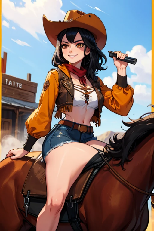 perfect face, perfect hands. A black haired female cowgirl with orange eyes in a conservative cowgirl outfit is riding a horse back into a wild west town with a big smile
