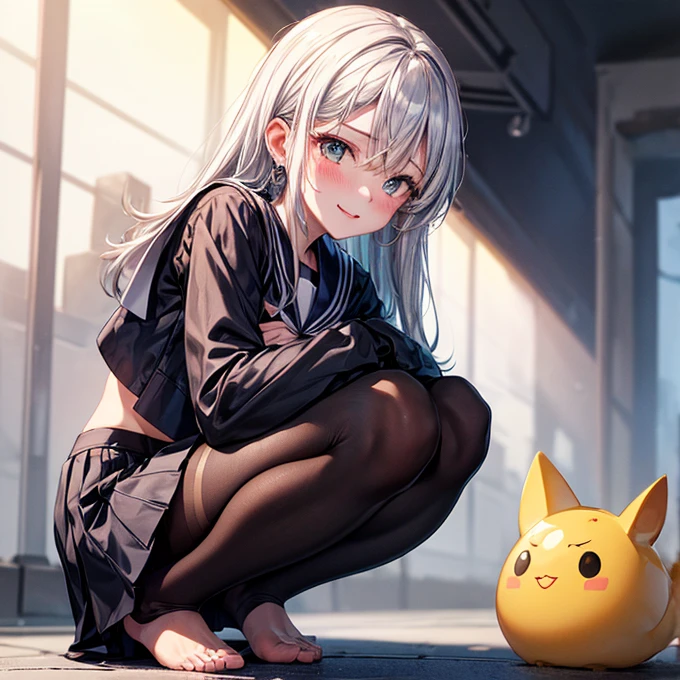 1 girl、Masterpiece artwork、beautiful lighting、detailed gorgeous face、beautiful detailed eyes、high resolution、ultra-thin illustration、extremely delicate and beautiful、maximum quality、The whole body is shown、Feet first、(Uma MILF:1.2), ((squatting down:1.5)),Open knees、only, 30s,white-skinned, (silver hair, rhombus stripe ,hypdertailed,Eyes red),, curved, (shiny hair, glare eyes, shining skin), Laught, a smirk, (shining skin:1.2), 、thighs thighs thighs thighs、((squatting down、legs spread open))、facing forward、((sailor clothing)),Pichi Pichi Clothing、taxax、skirt short、uniforms、The navel is visiblepelvic curtain、Underarms、a smirk、black thighighs、Watch your audience,under blushed,sweating、jewelry、thick thighs、Separating the lips,pantyhose、blush cheeks、on tiptoe、lowfers