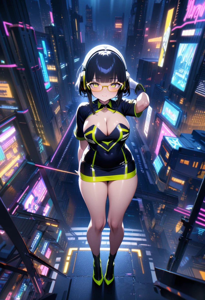 masterpiece, best quality, 16K, absurdres, insanely detailed, neon night futuristic city, grid girl, short-sleeved, little cleavage, headphones, yellow under-rimmed glasses, short hair, blunt bangs, full body