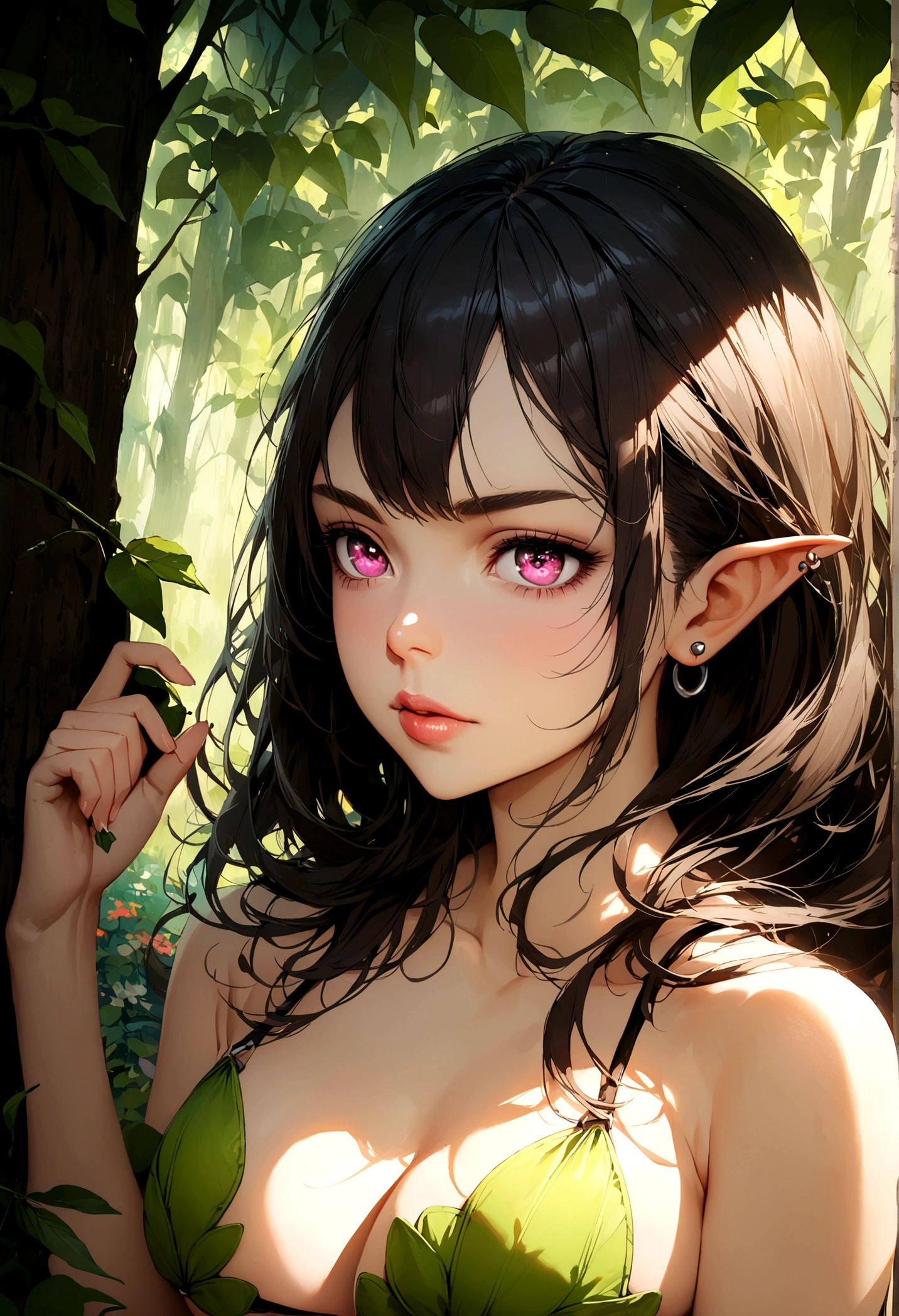 A beautiful young woman (Mila Kunis 25) with piercing eyes, delicate features, and waist length flowing dark hair with colorful flowers braided in, playing an elf in a naturalistic forest setting, wearing a fig leaf bikini and wielding a handcrafted bow and crude natural arrows, firing at goblin-shaped targets hanging from the trees, masterpiece, ultra-detailed, hyper-realistic, dramatic lighting, vivid colors, cinematic composition
