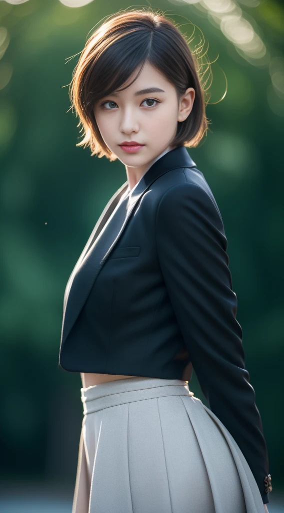 Beautiful adult female, Top quality, masterpiece, 1 Girl, short hair,Beautiful face, (Photorealism:1.3), Rim Light, (High Detail Skin:1.2), 8K UHD, Digital SLR Camera, high quality, high resolution, 4K, 8K, Bokeh, (Realist:1.3), Wearing a black formal suit jacket, Short skirt, (Transparent tops:1.1),