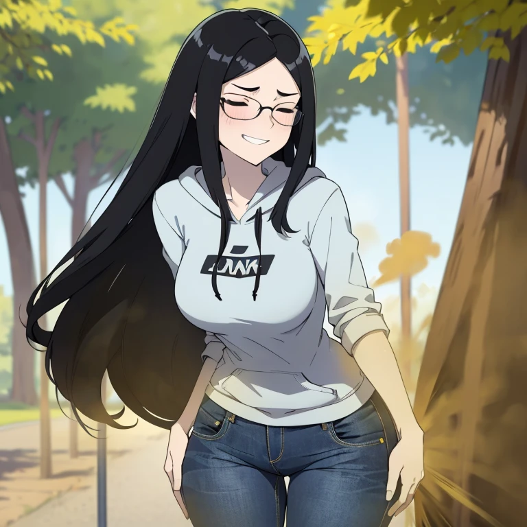 solo,1female,((black hair, long hair, hair swept to sides, smart looking hair, boyish hair)),pale skin ,glasses, hoodie tshirt, blue jeans, thin body, tall and skinny, massive fart, yellow smoke rising, relieved face, relief, closed eyes, climax, climax face, smiling, blush, bend over, alone in park