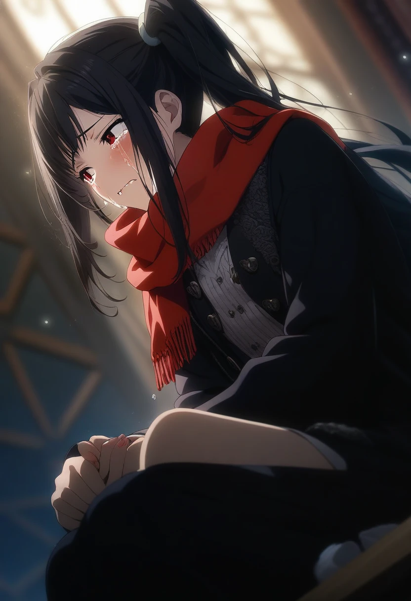 1girl kokudou juunigou, official art, sitting, crying, tears streaming, black coat, red scarf, black hair, side_ponytail, red eyes, (very aesthetic, best quality, ultra detailed), intricate details, highres, indoors, light particles, close-up, blurry background,, low angle, cinematic angle, cowboy shot, emotional, delicate features