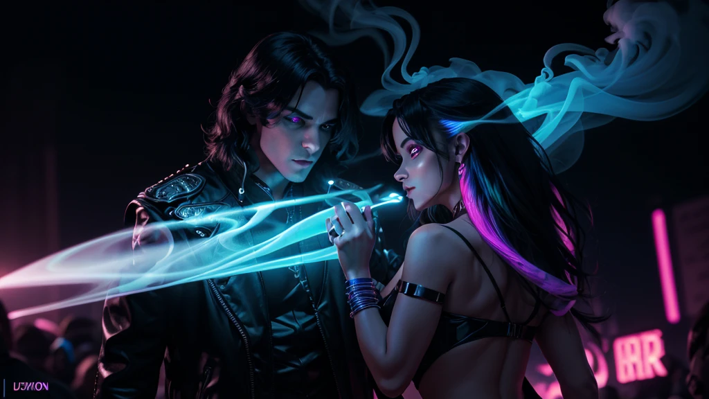 prince of darkness dancing with a beautiful sultry female, that's glowing in the darkness, dancing in futuristic ancient city streets, neon colors, high detail, long shot, wide shot, 4K, 3D, REALISTIC, (iridescent glow smoke), UHD, 32K, very bold neon colors, black light, neon light